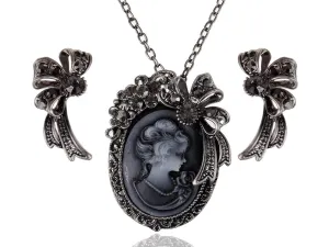 Alilang Golden/Grey Tone Sculpted Rose Rhinestone Embellished Leaves Pendant Necklace Earrings Set GREY