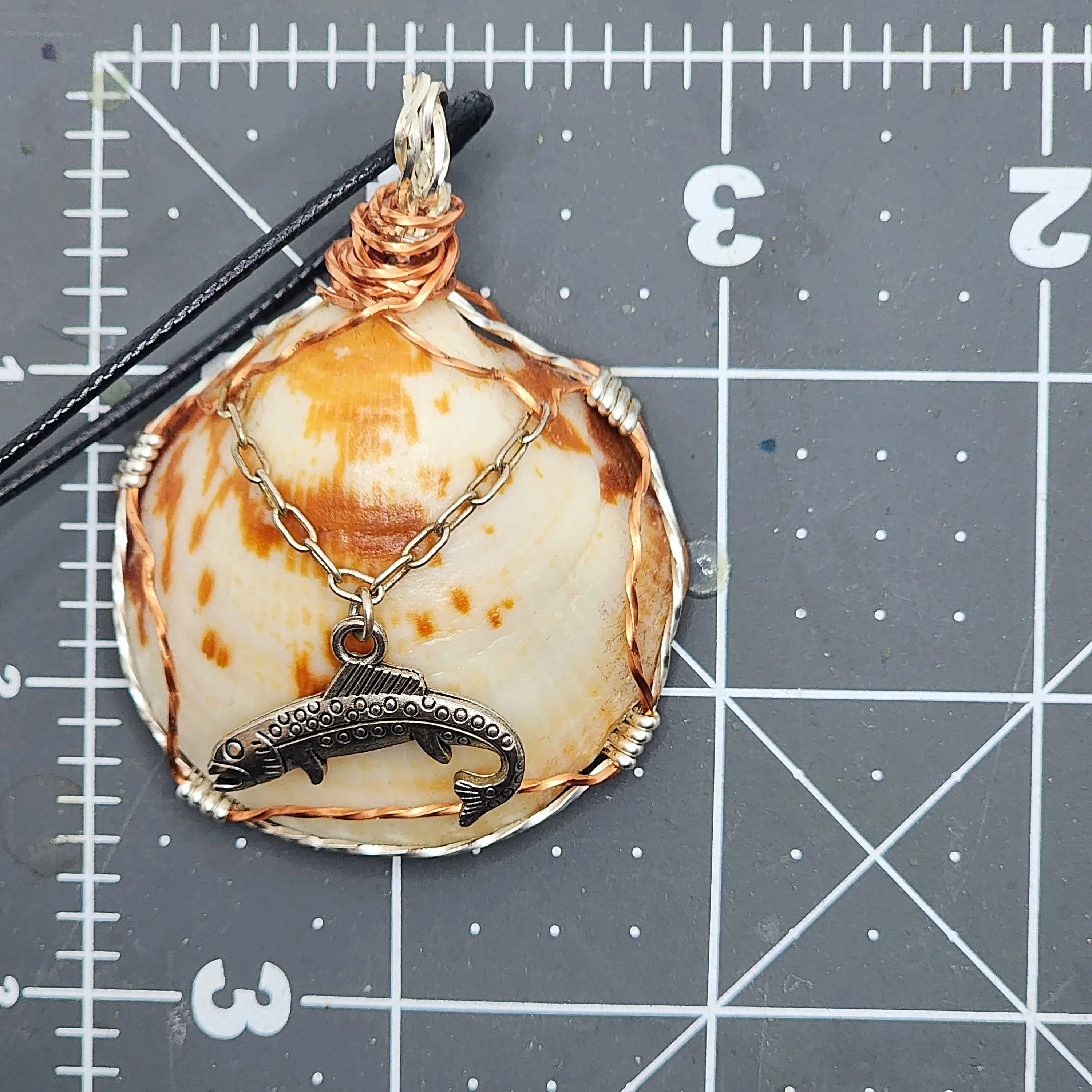 American Bittersweet Clam Handmade Pendant with Silver Fish Charm, Copper/Silver Wire Wrap on Black Leather Rope