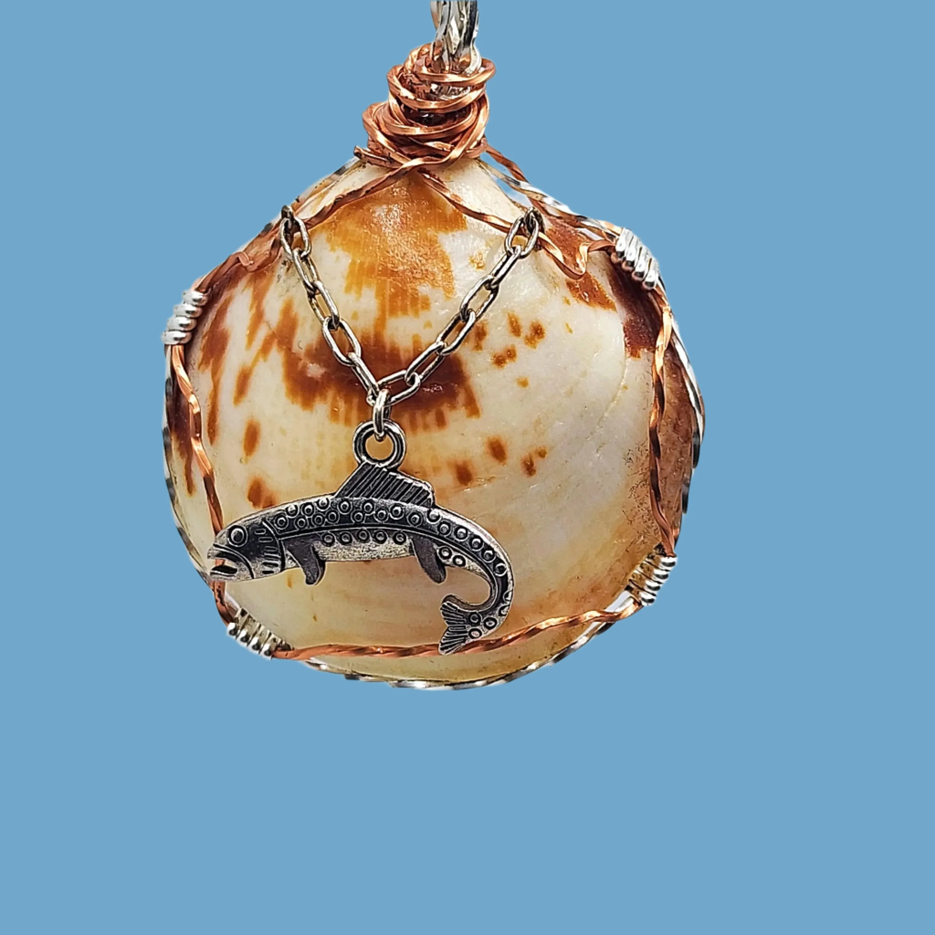 American Bittersweet Clam Handmade Pendant with Silver Fish Charm, Copper/Silver Wire Wrap on Black Leather Rope