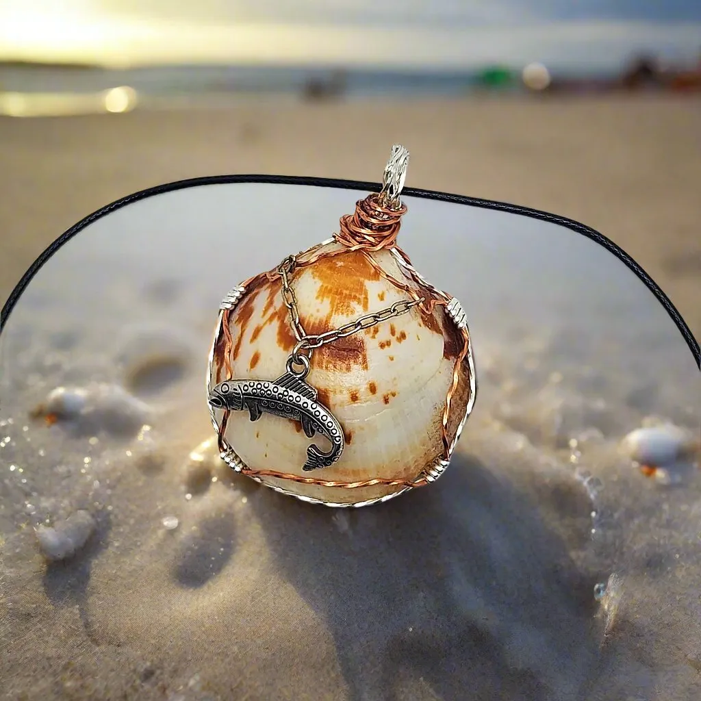 American Bittersweet Clam Handmade Pendant with Silver Fish Charm, Copper/Silver Wire Wrap on Black Leather Rope