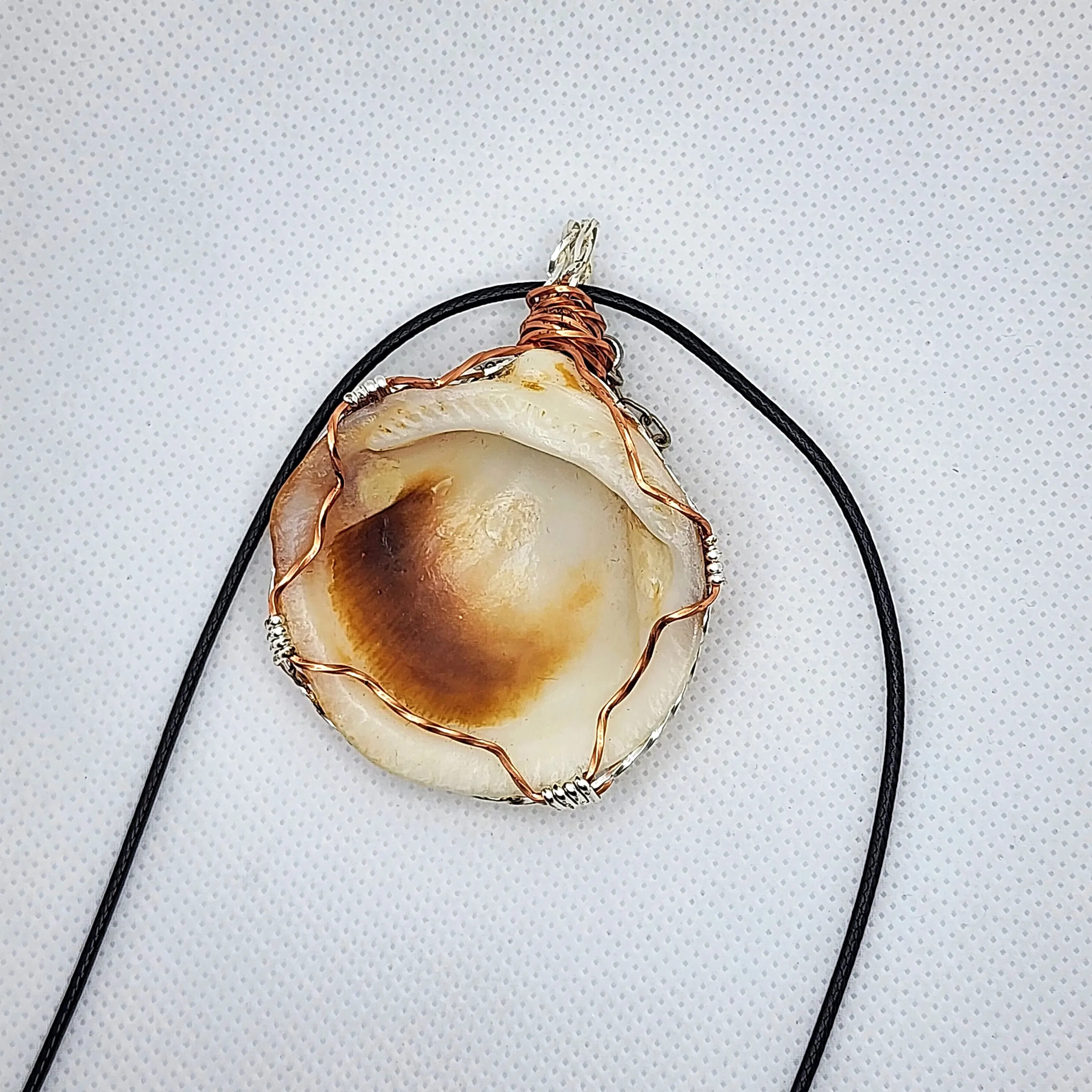 American Bittersweet Clam Handmade Pendant with Silver Fish Charm, Copper/Silver Wire Wrap on Black Leather Rope