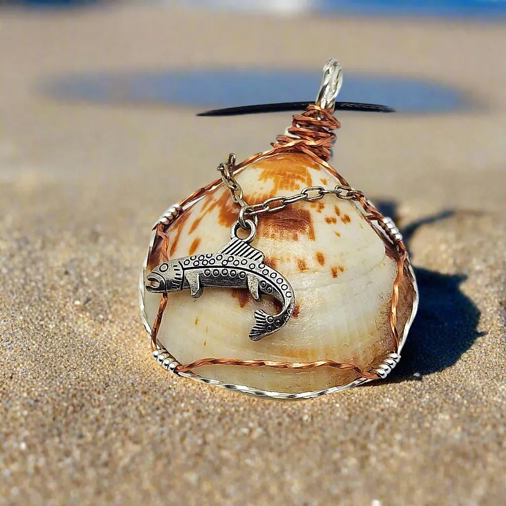 American Bittersweet Clam Handmade Pendant with Silver Fish Charm, Copper/Silver Wire Wrap on Black Leather Rope