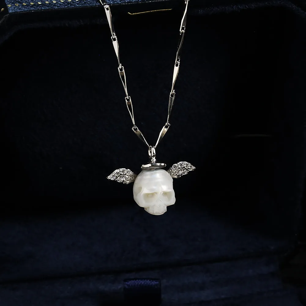 Angel Halo Wings Pearl Skull CZ Necklace