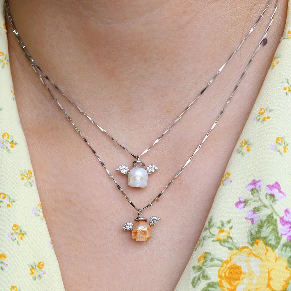 Angel Halo Wings Pearl Skull CZ Necklace