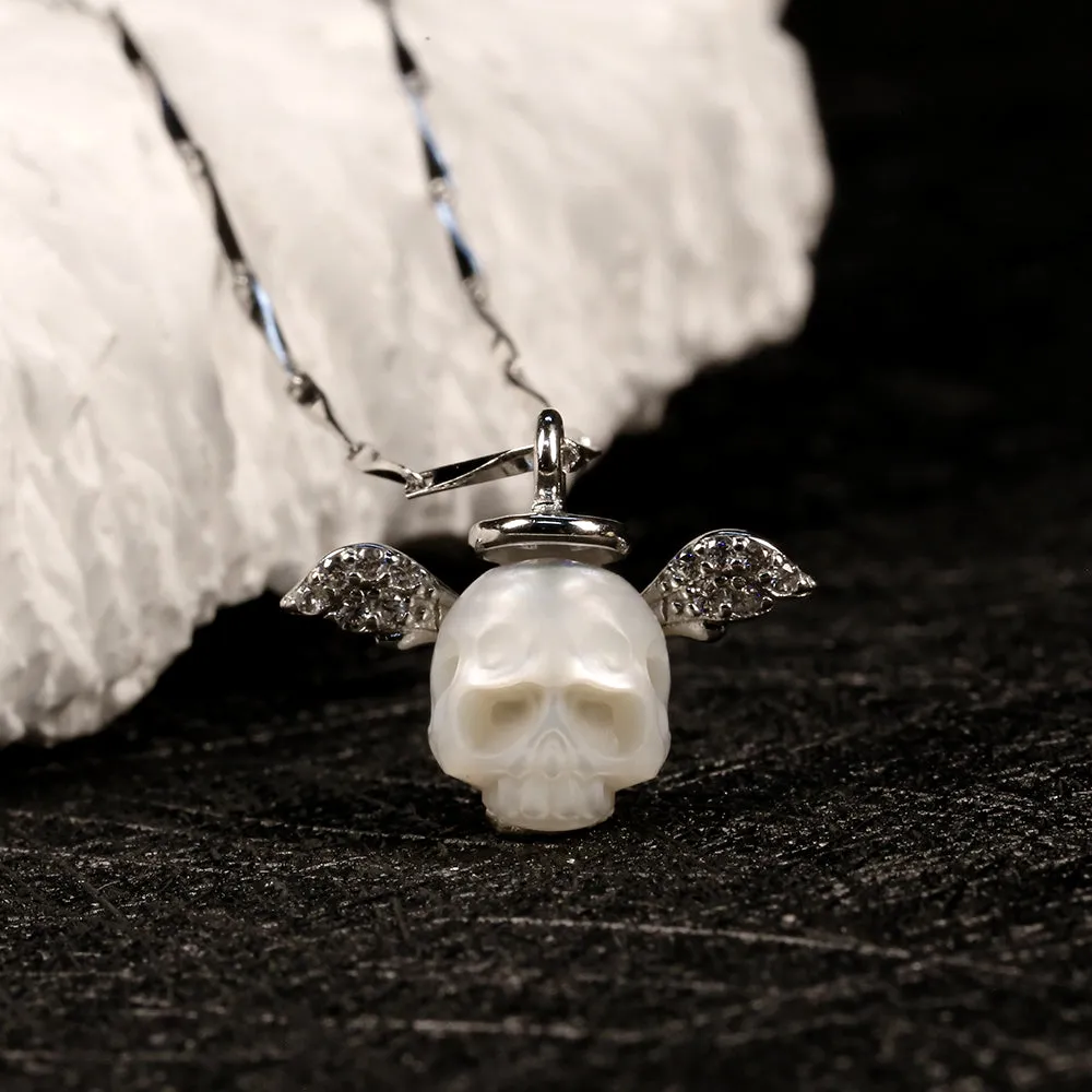 Angel Halo Wings Pearl Skull CZ Necklace