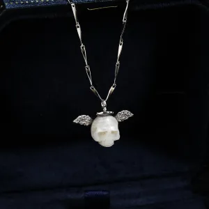 Angel Halo Wings Pearl Skull CZ Necklace