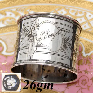 Antique French .800 Silver Napkin Ring, Guilloche Style Decoration, "J. Roger"