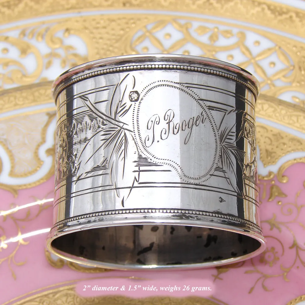 Antique French .800 Silver Napkin Ring, Guilloche Style Decoration, "J. Roger"