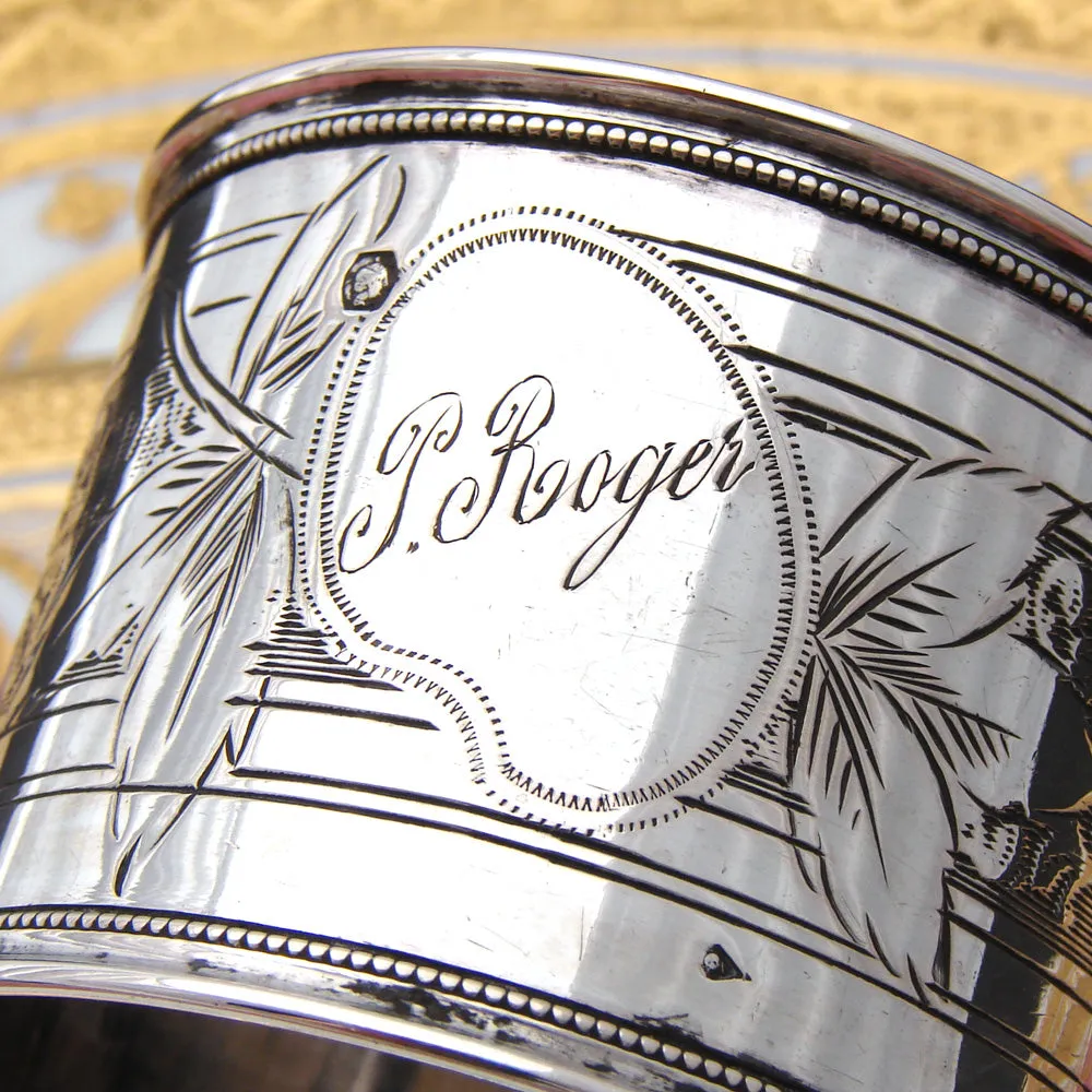 Antique French .800 Silver Napkin Ring, Guilloche Style Decoration, "J. Roger"