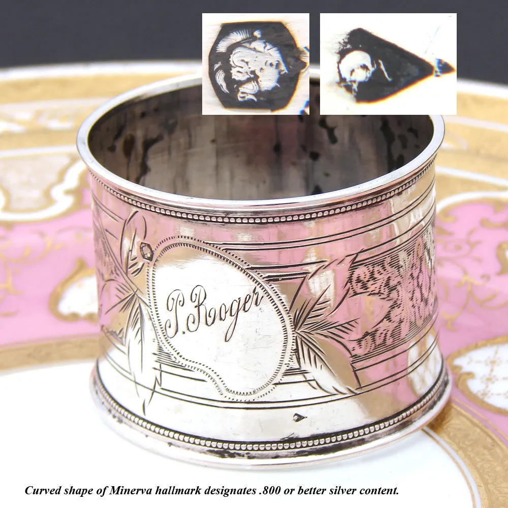 Antique French .800 Silver Napkin Ring, Guilloche Style Decoration, "J. Roger"