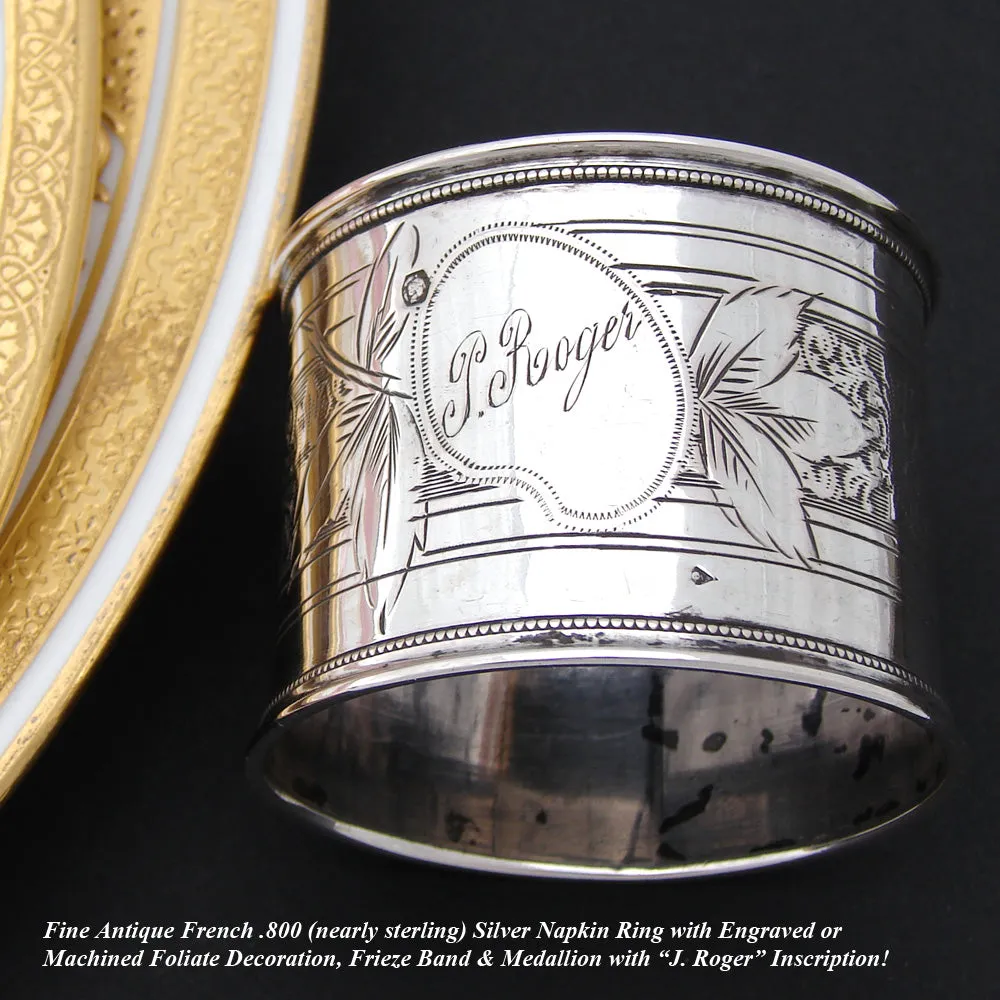 Antique French .800 Silver Napkin Ring, Guilloche Style Decoration, "J. Roger"