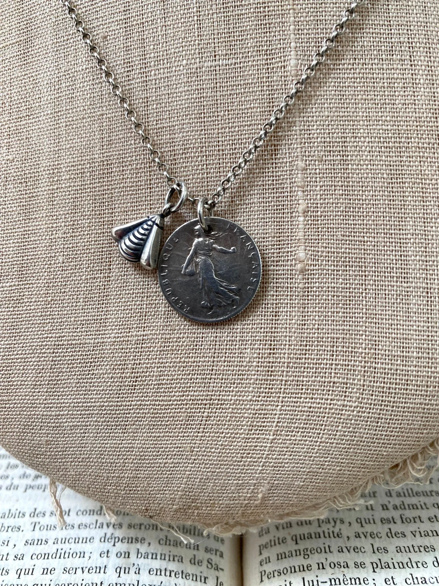 Antique French Silver 1916 Coin & Bee Necklace