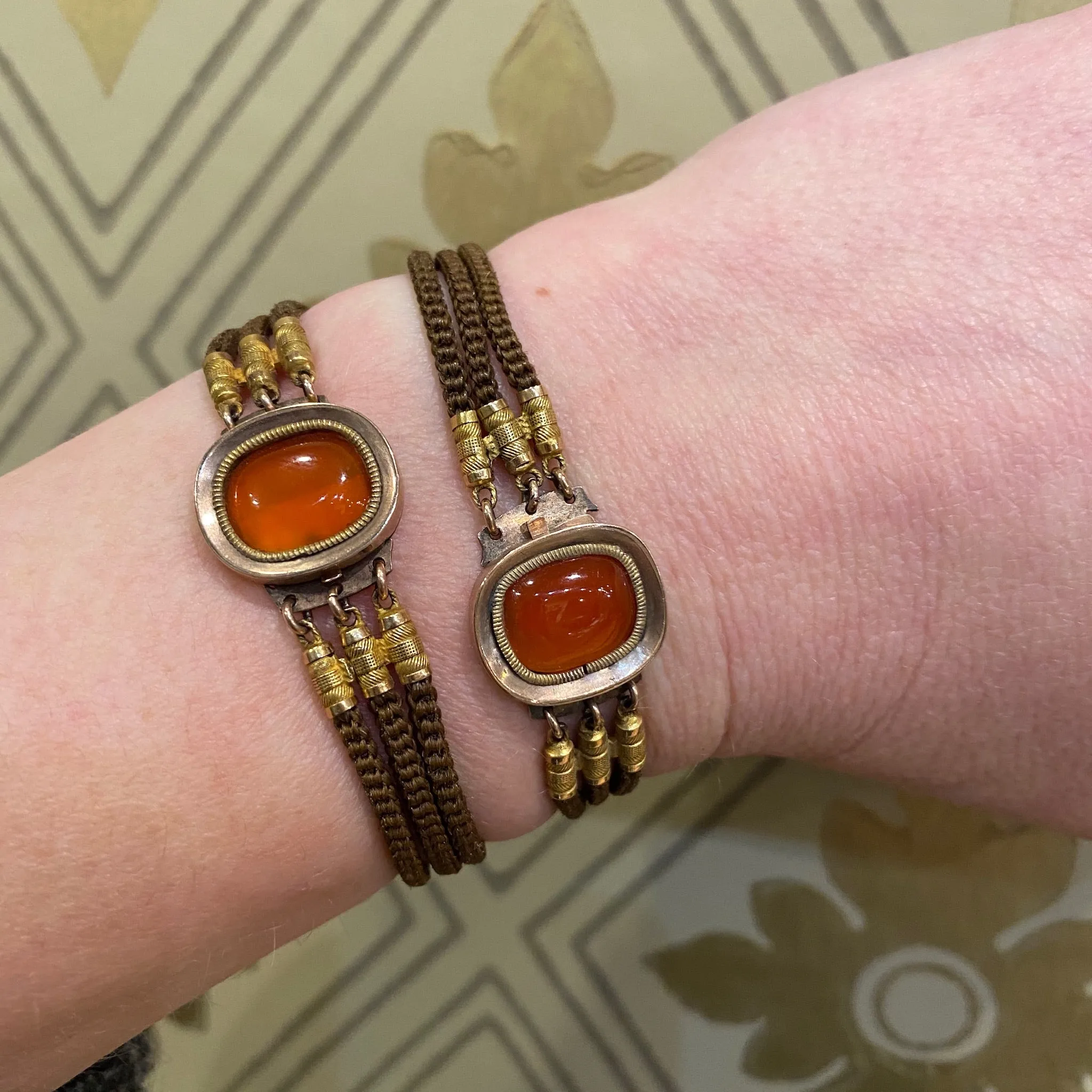 Antique Matched Bracelets in Carnelian, Gold & Woven Hair