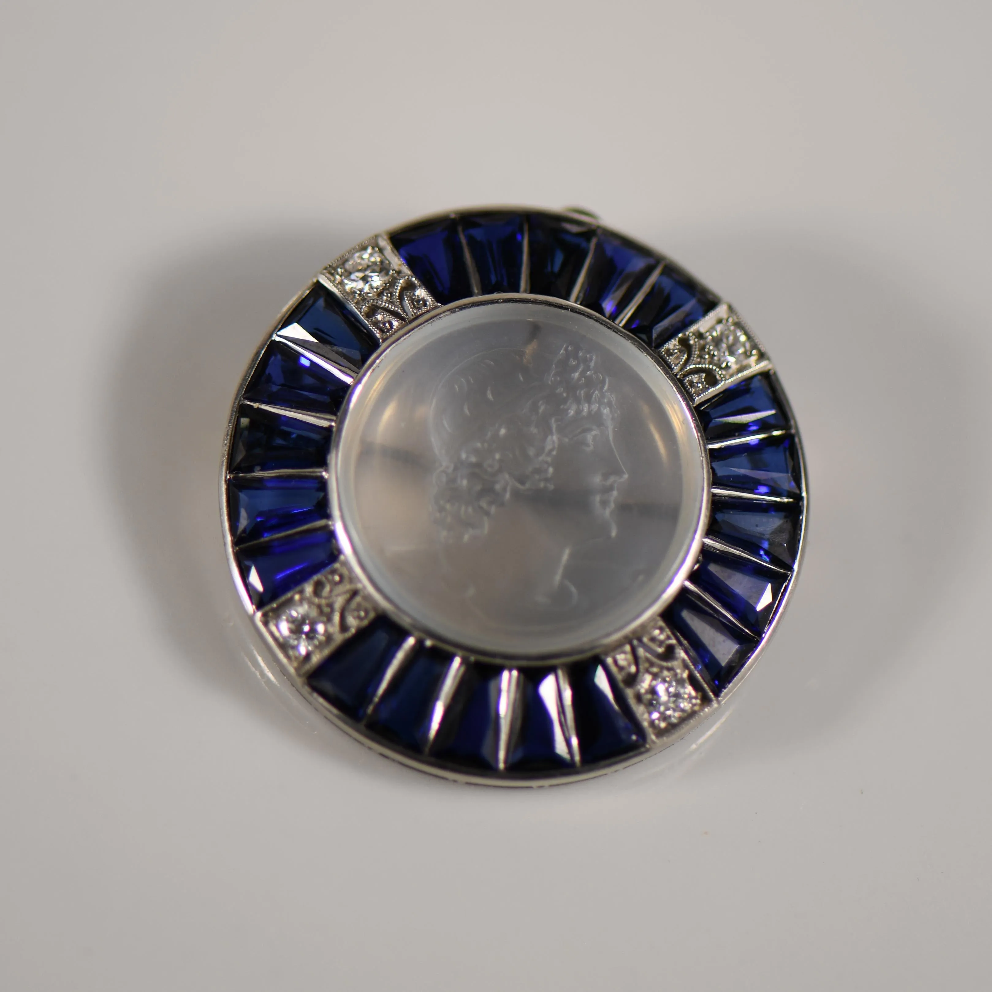 Art Deco Platinum Moonstone Cameo W/ Synthetic Sapphires