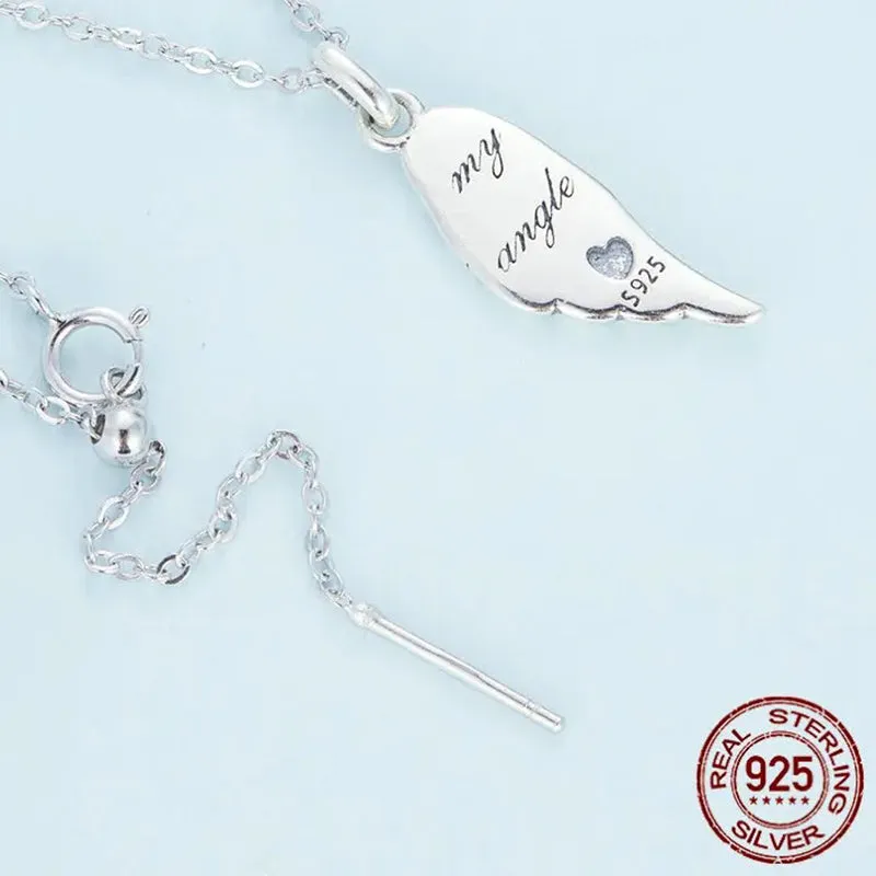 Authentic 925 Sterling Silver Angel Wing Pendant Necklace for Women Birthday Gift Simple Chic Jewelry