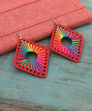 BESHEEK Diamond RAINBOW RED threaded Wooden Earrings | Hypoallergenic Boho Beach Gala Wedding Style Fashion Earrings