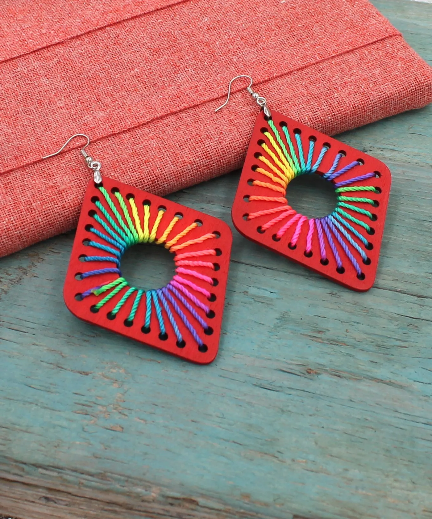 BESHEEK Diamond RAINBOW RED threaded Wooden Earrings | Hypoallergenic Boho Beach Gala Wedding Style Fashion Earrings