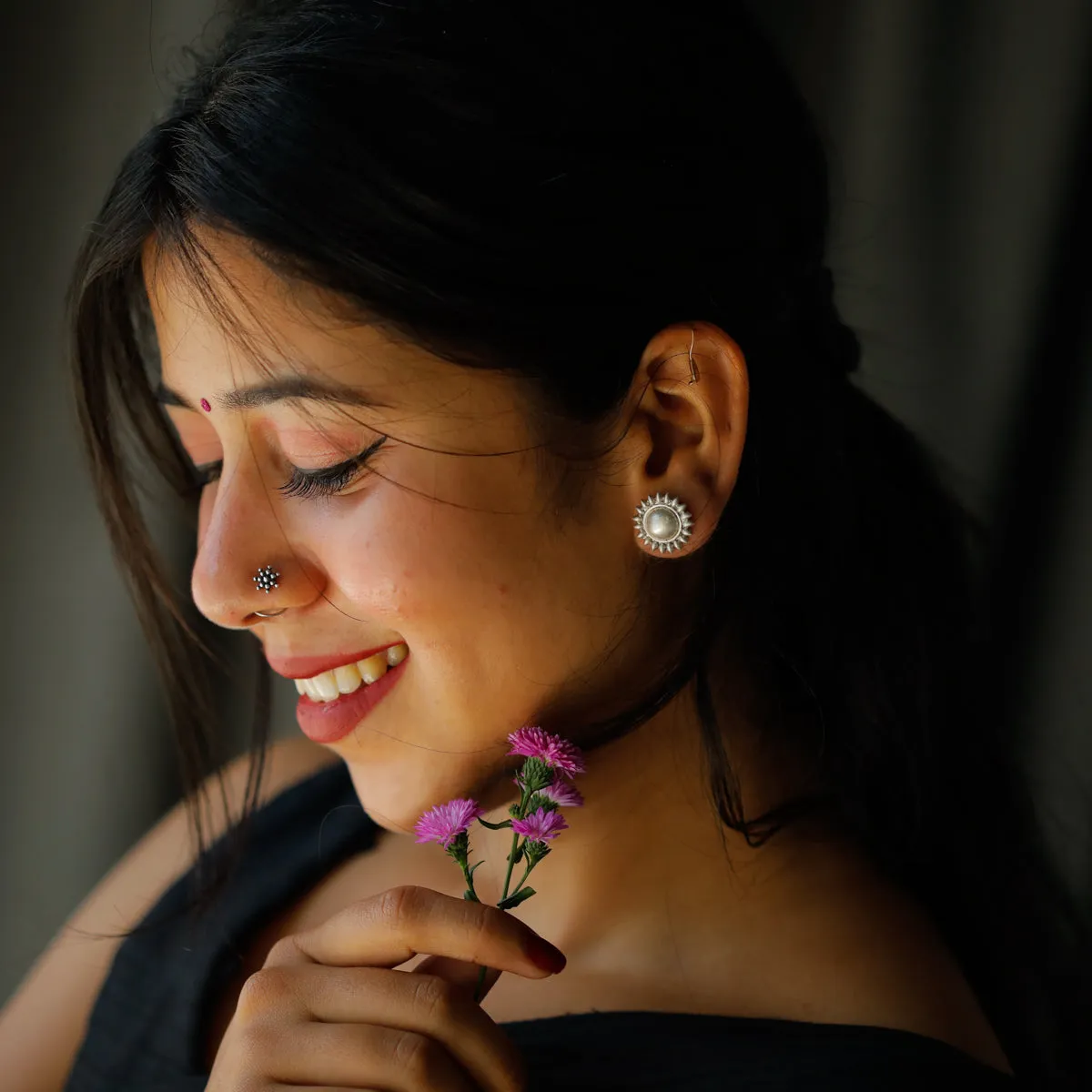 Big Dome with Small Petal Silver Earrings
