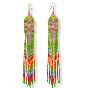 Blue, Black, and White Bohemian Seed Bead Long Tassel Earrings#ER-1159