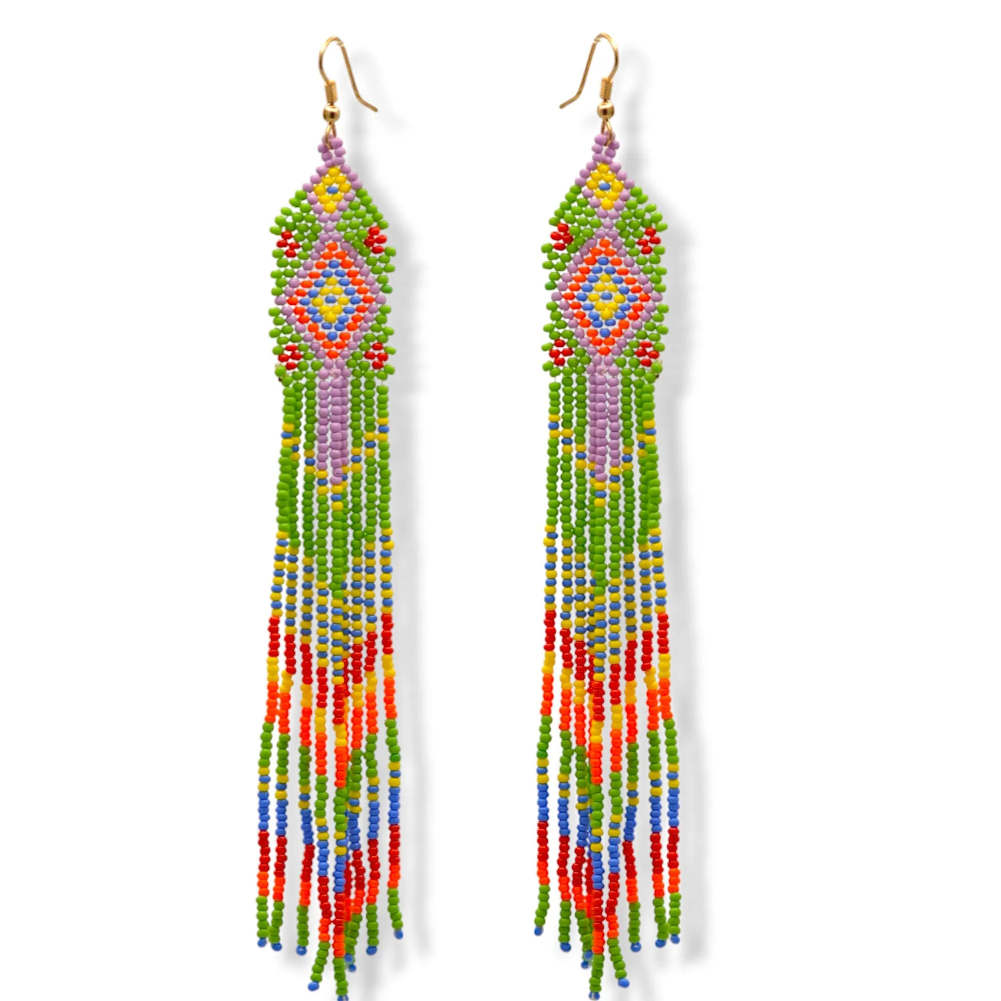 Blue, Black, and White Bohemian Seed Bead Long Tassel Earrings#ER-1159
