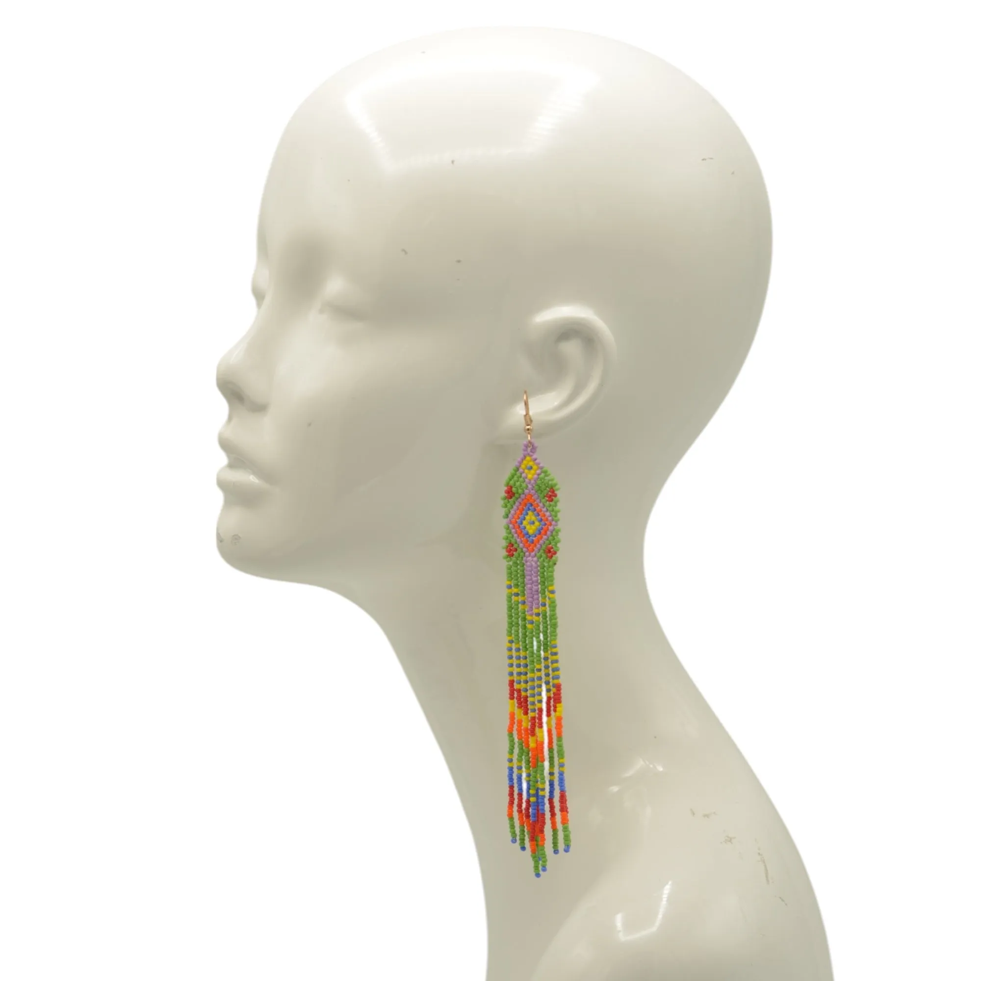 Blue, Black, and White Bohemian Seed Bead Long Tassel Earrings#ER-1159