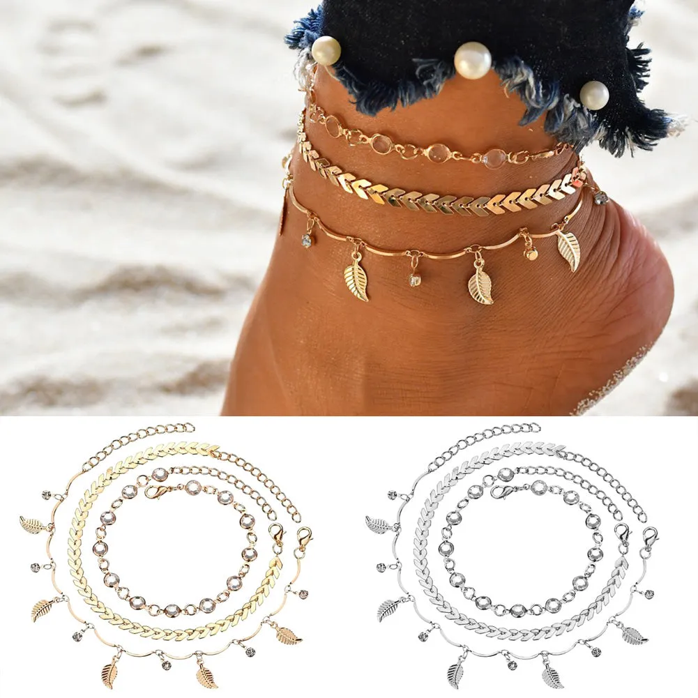 Bohemian 3Pcs/Set Women Leaves Multiple-layer Ankle Bracelet Anklet