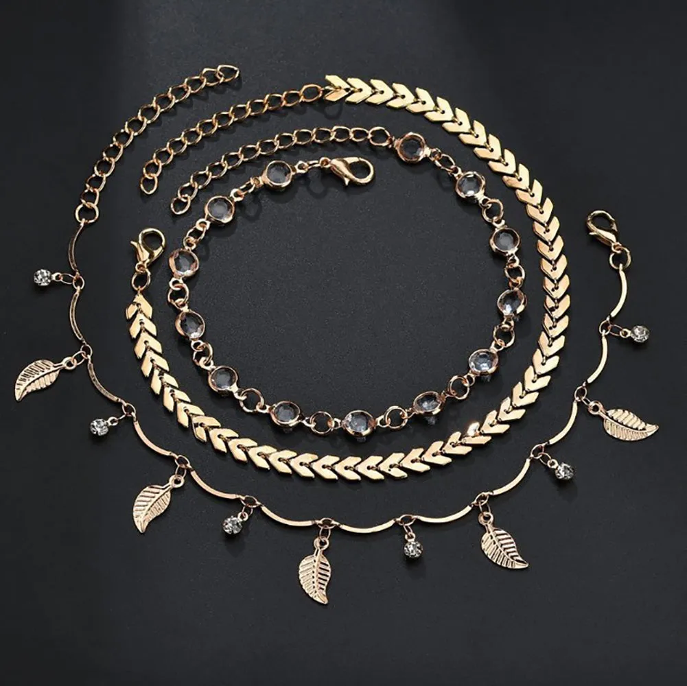 Bohemian 3Pcs/Set Women Leaves Multiple-layer Ankle Bracelet Anklet