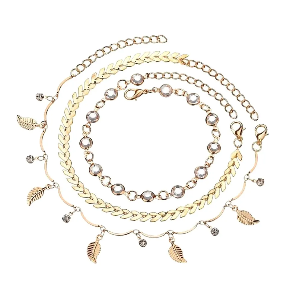 Bohemian 3Pcs/Set Women Leaves Multiple-layer Ankle Bracelet Anklet