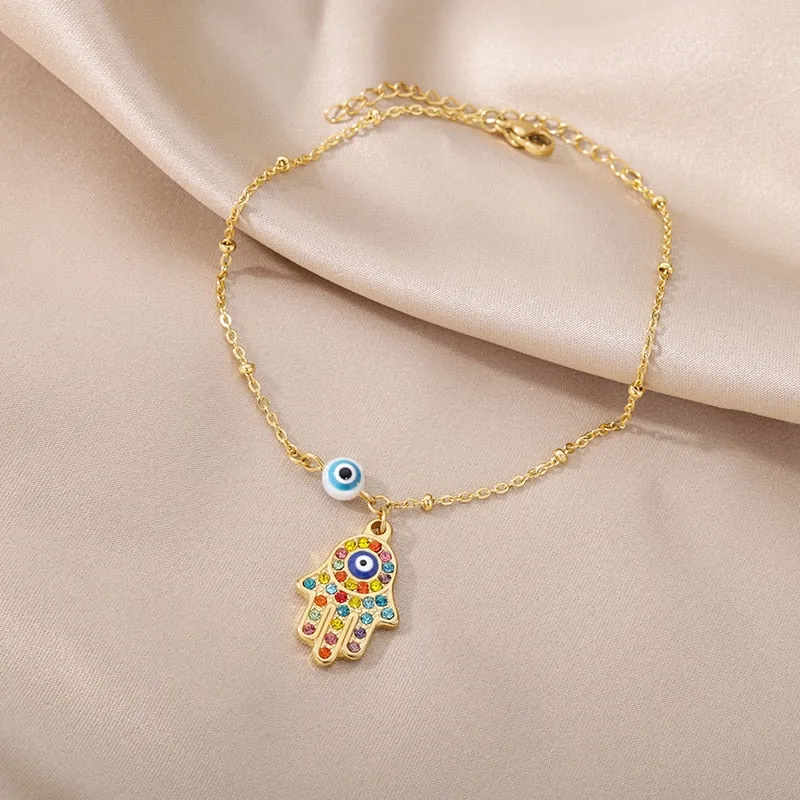 Bohemian Beads Anklet Bracelet For Women Stainless Steel Blue Evil Eye Leg Chain Anklets