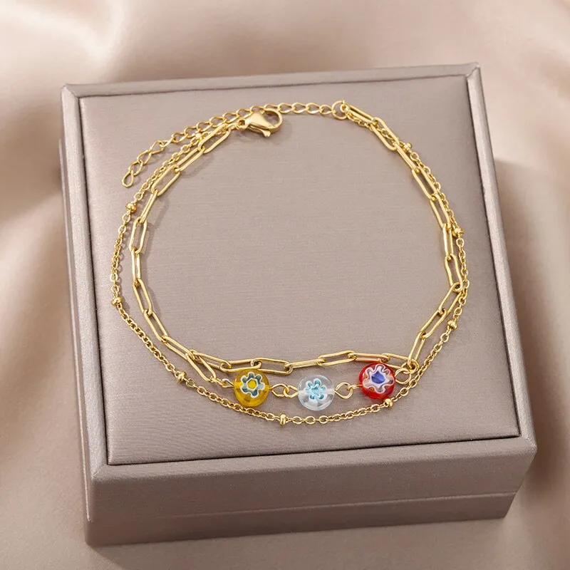 Bohemian Beads Anklet Bracelet For Women Stainless Steel Blue Evil Eye Leg Chain Anklets