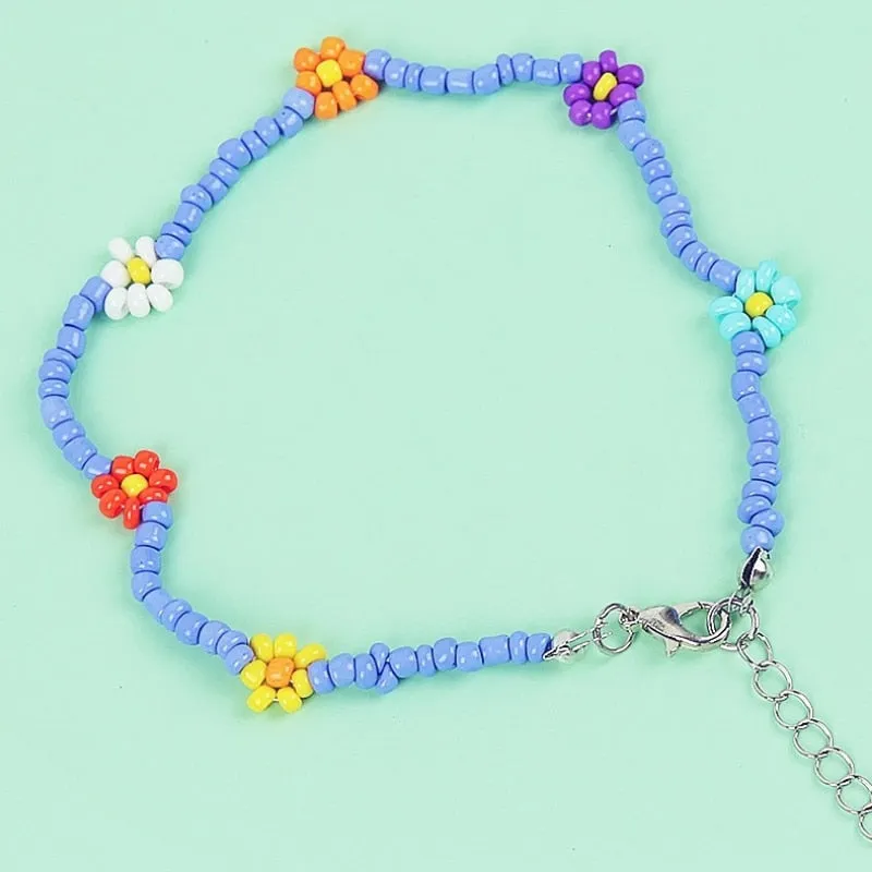 Bohemian Colorful Seed Beads Daisy Flower Anklets for Women Summer