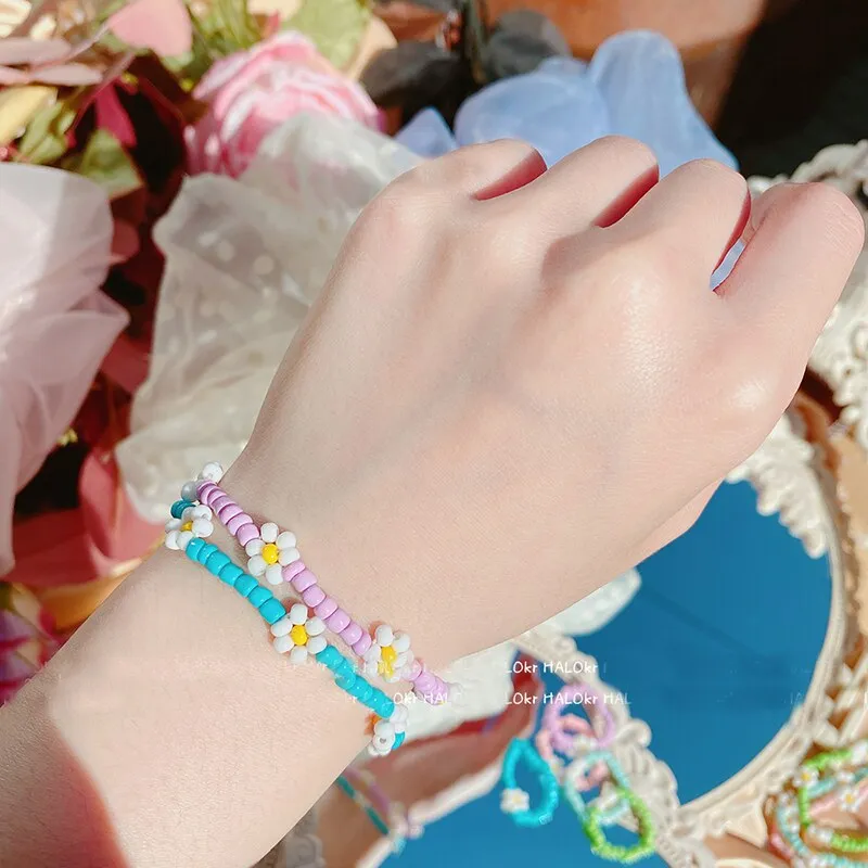 Bohemian Colorful Seed Beads Daisy Flower Anklets for Women Summer