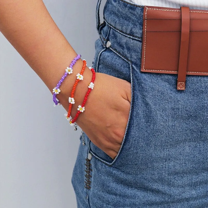 Bohemian Colorful Seed Beads Daisy Flower Anklets for Women Summer