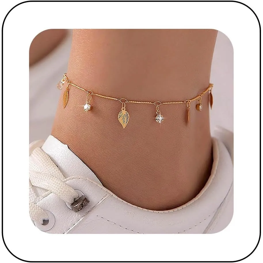 Bohemian Crystal Leaf Ankle Gold Hollow Leaf Ankle Bracelet Small Leaf Chain Anklets Cz Leaf Dangle Ankle Foot Chain Jewelry for Women Gifts