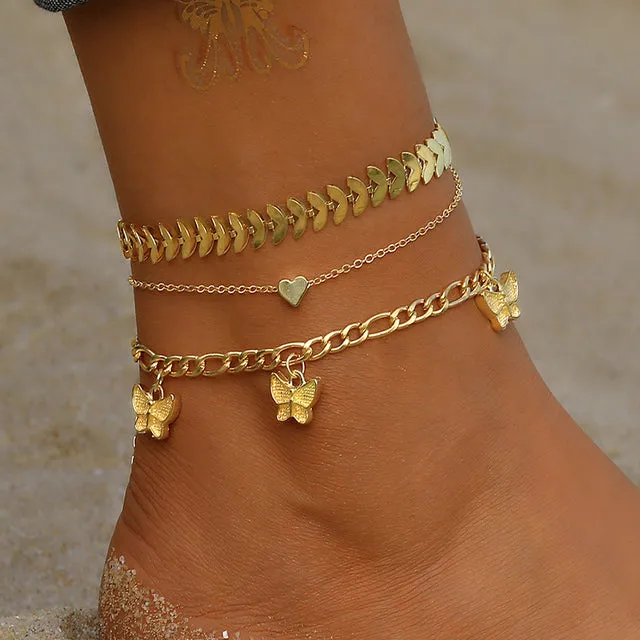 Bohemian Gold Chain Animal Anklet Set for Women