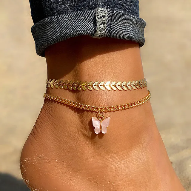 Bohemian Gold Chain Animal Anklet Set for Women