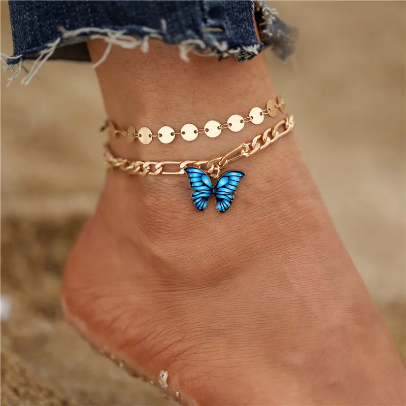 Bohemian Gold Color Multilayer Crystal Butterfly Anklets For Women