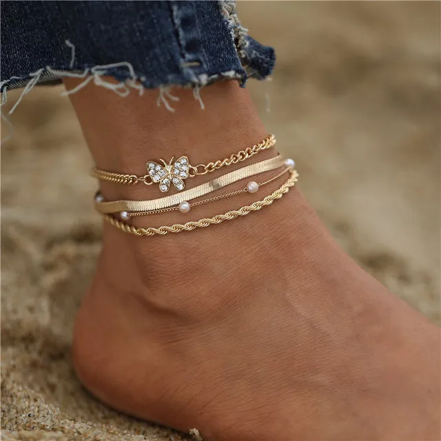 Bohemian Gold Color Multilayer Crystal Butterfly Anklets For Women