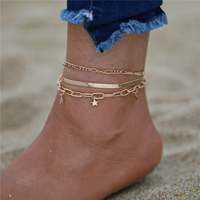 Bohemian Gold Color Multilayer Crystal Butterfly Anklets For Women