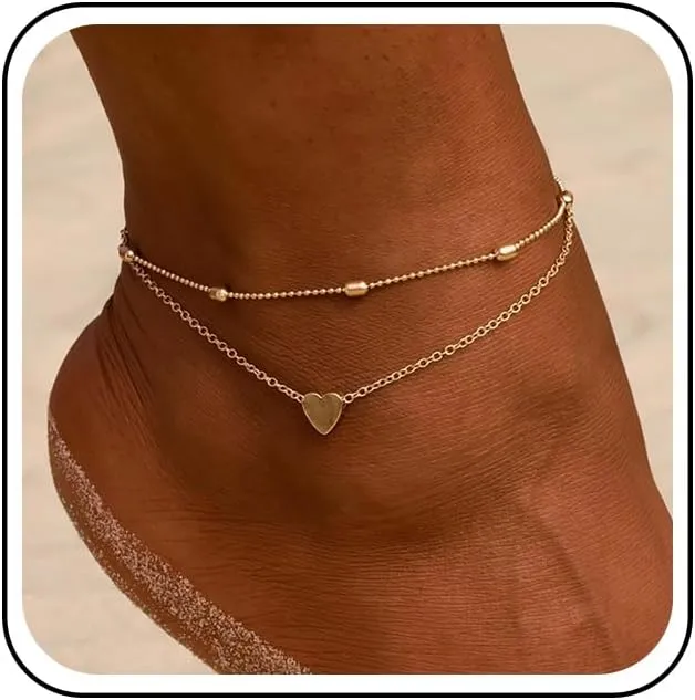 Bohemian Layered Heart Ankle Gold Heart Ankle Bracelet Station Bead Chain Anklets Metal Heart Dangle Ankle Foot Chain Jewelry for Women Gifts