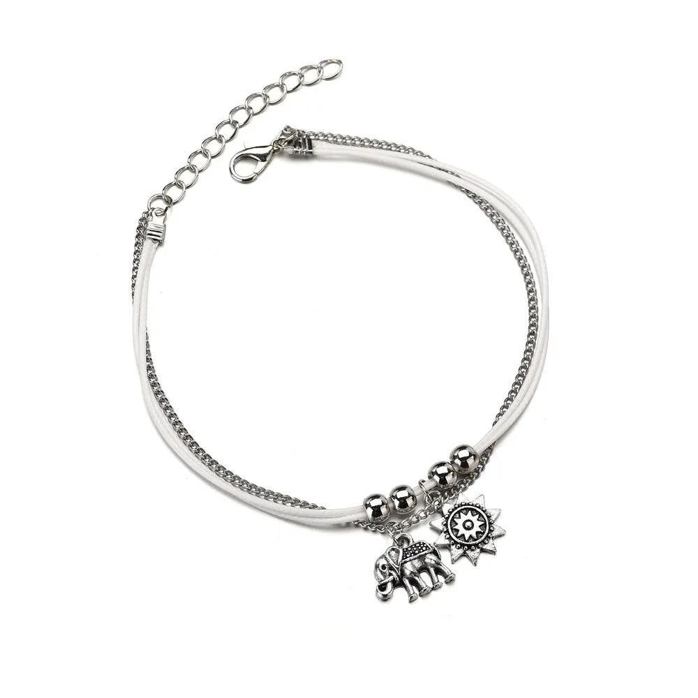 Bohemian Multi Layer Anklets For Women Retro Elephant Sun Pendent