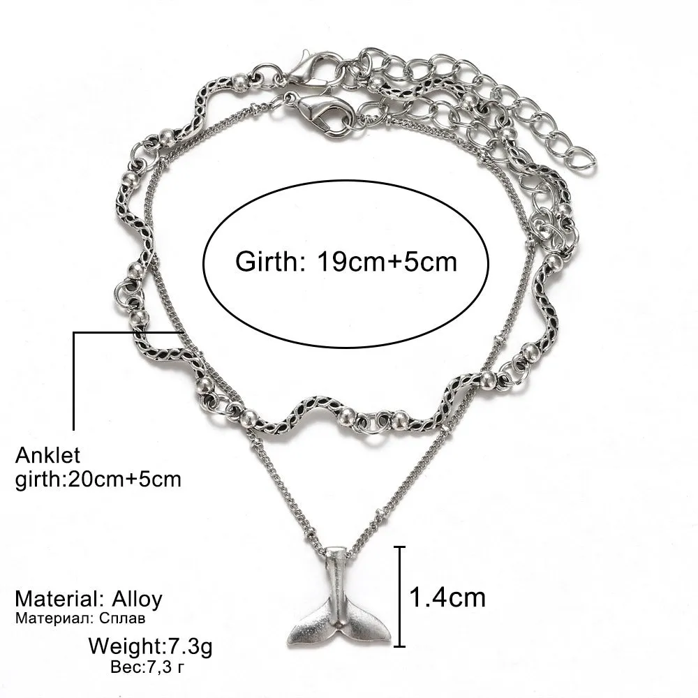 Bohemian Multiple Layers Mermaid Tail Curved Wave Beads Anklets for Women