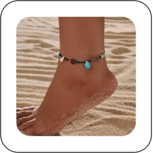 Bohemian Teardrop Turquoise Anklet Bracelet Black Woven Rope Turquoise Ankle Bracelet Handmade Turquoise Chain Anklet Adjustable Wax Anklets Summer Beach Foot Chain Jewelry