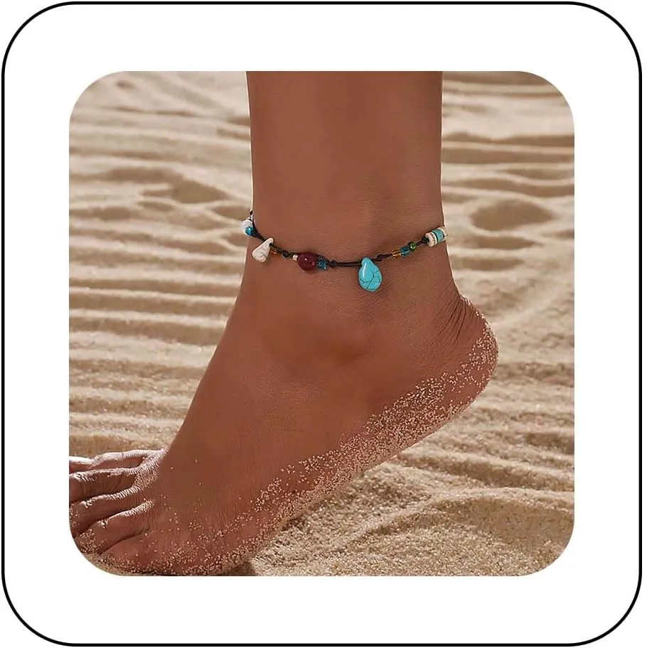 Bohemian Teardrop Turquoise Anklet Bracelet Black Woven Rope Turquoise Ankle Bracelet Handmade Turquoise Chain Anklet Adjustable Wax Anklets Summer Beach Foot Chain Jewelry