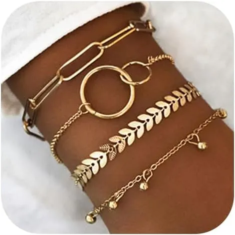 Boho Stackable Circle Bracelet Set Gold Bone Layered Bangles Beaded Link Bracelets Chain Jewelry for Women(4PCS)