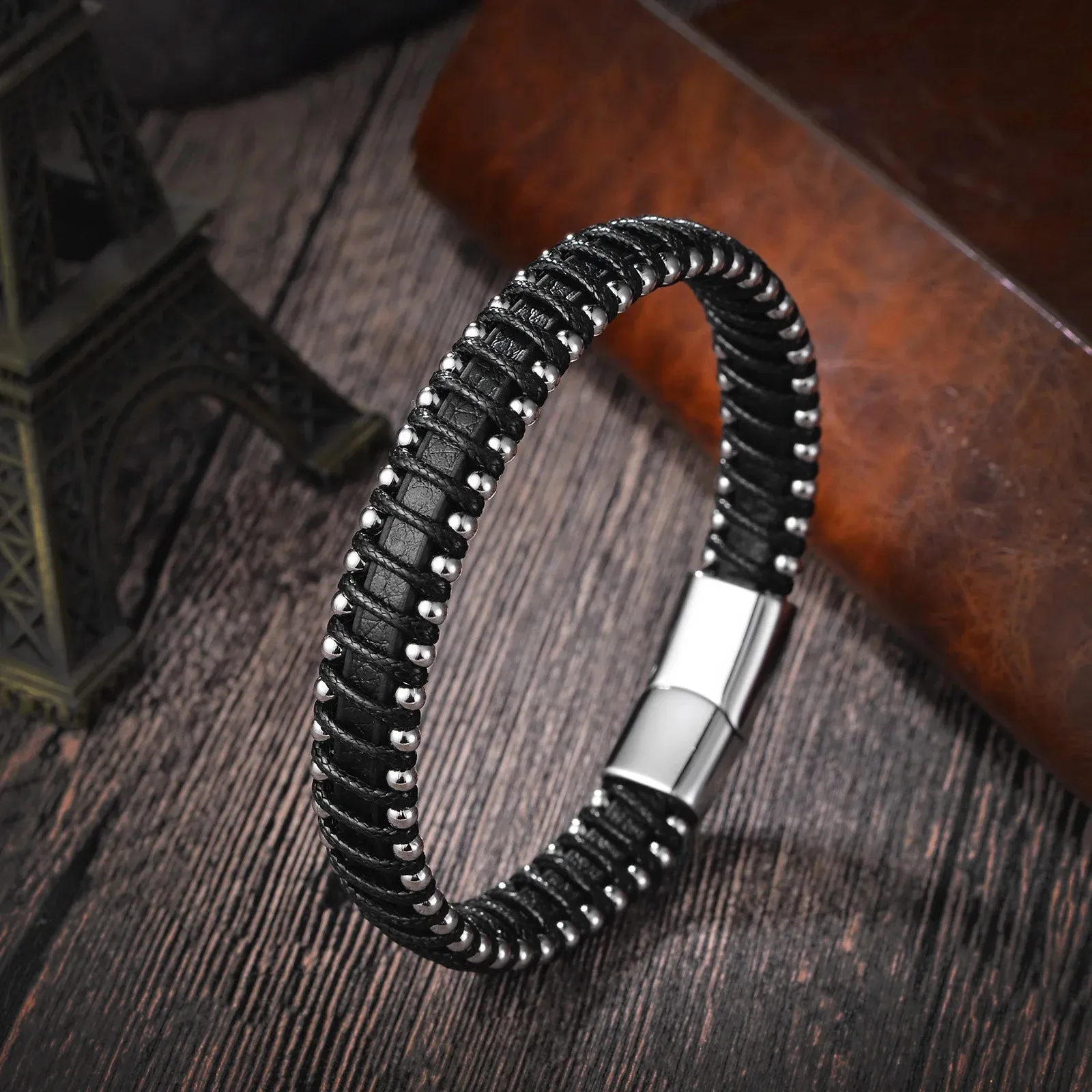 Braided Rope Woven Black Leather Stainless Steel Men's Bracelet -  Punk Style Fashion Jewelry Charm Bangle For Everyday Use & Party - Elegant Gift for Men