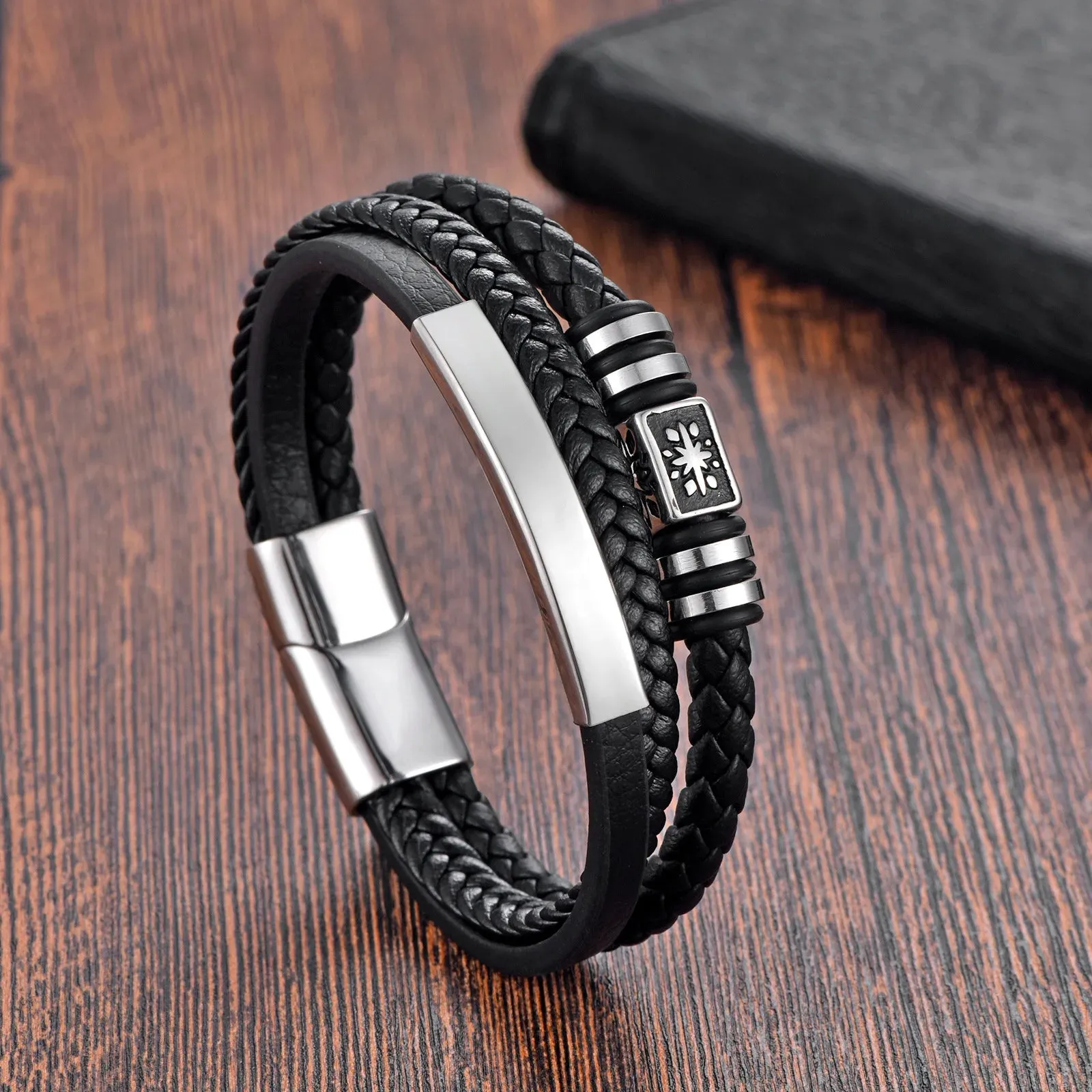 Braided Rope Woven Black Leather Stainless Steel Men's Bracelet -  Punk Style Fashion Jewelry Charm Bangle For Everyday Use & Party - Elegant Gift for Men