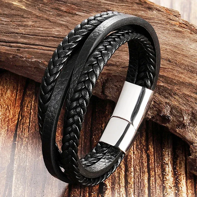Braided Rope Woven Black Leather Stainless Steel Men's Bracelet -  Punk Style Fashion Jewelry Charm Bangle For Everyday Use & Party - Elegant Gift for Men