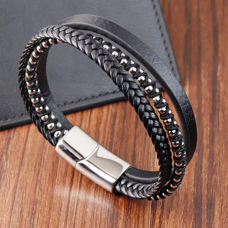 Braided Rope Woven Black Leather Stainless Steel Men's Bracelet -  Punk Style Fashion Jewelry Charm Bangle For Everyday Use & Party - Elegant Gift for Men