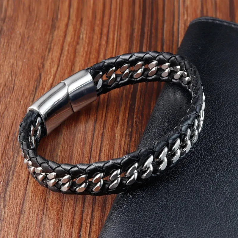 Braided Rope Woven Black Leather Stainless Steel Men's Bracelet -  Punk Style Fashion Jewelry Charm Bangle For Everyday Use & Party - Elegant Gift for Men